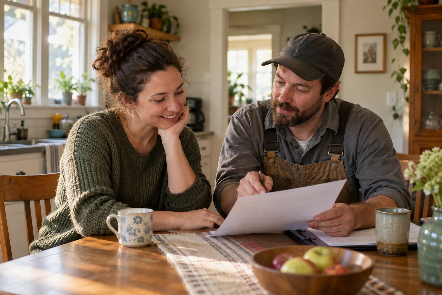 A homeowner reviewing a written estimate with an HVAC provider at a kitchen table in the Greensburg area